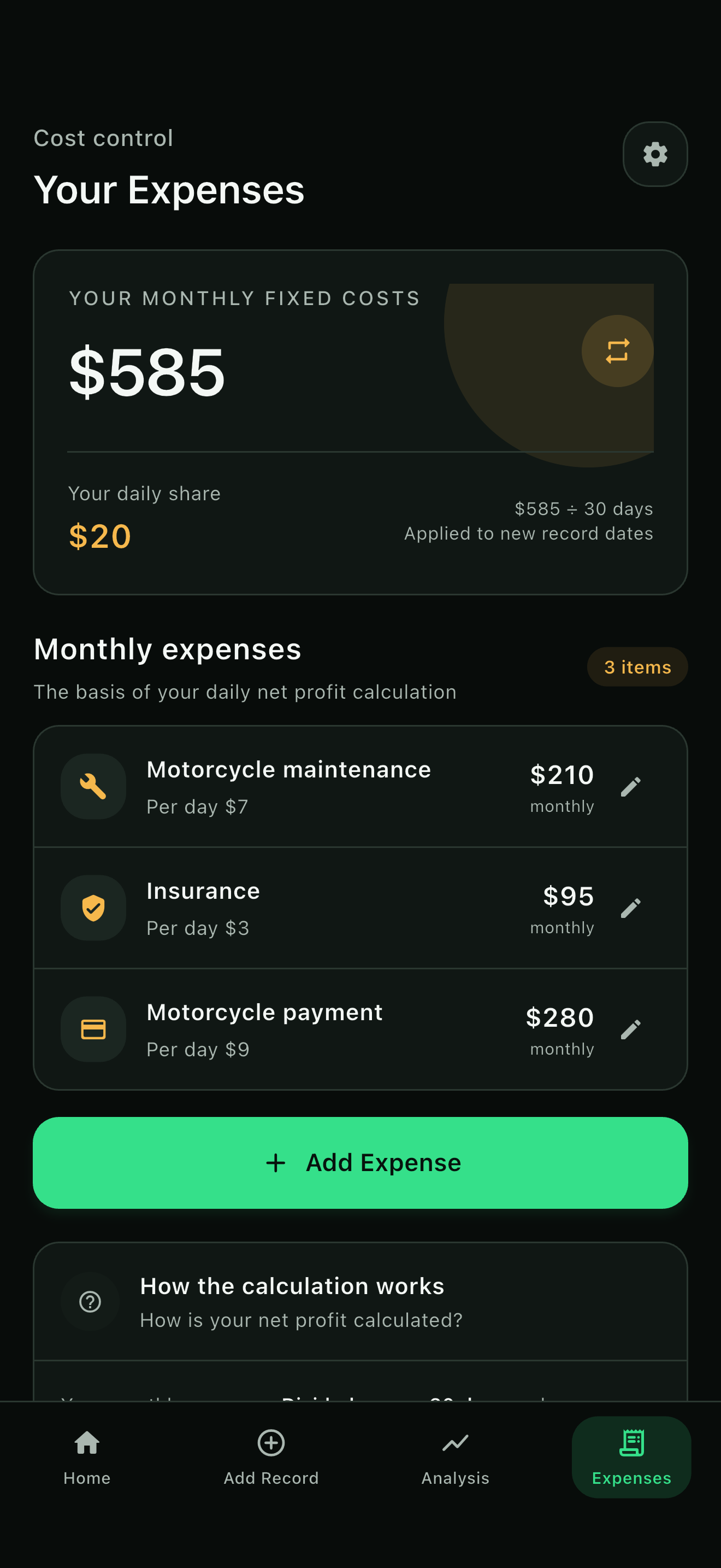 Expense tracking in English and US dollars